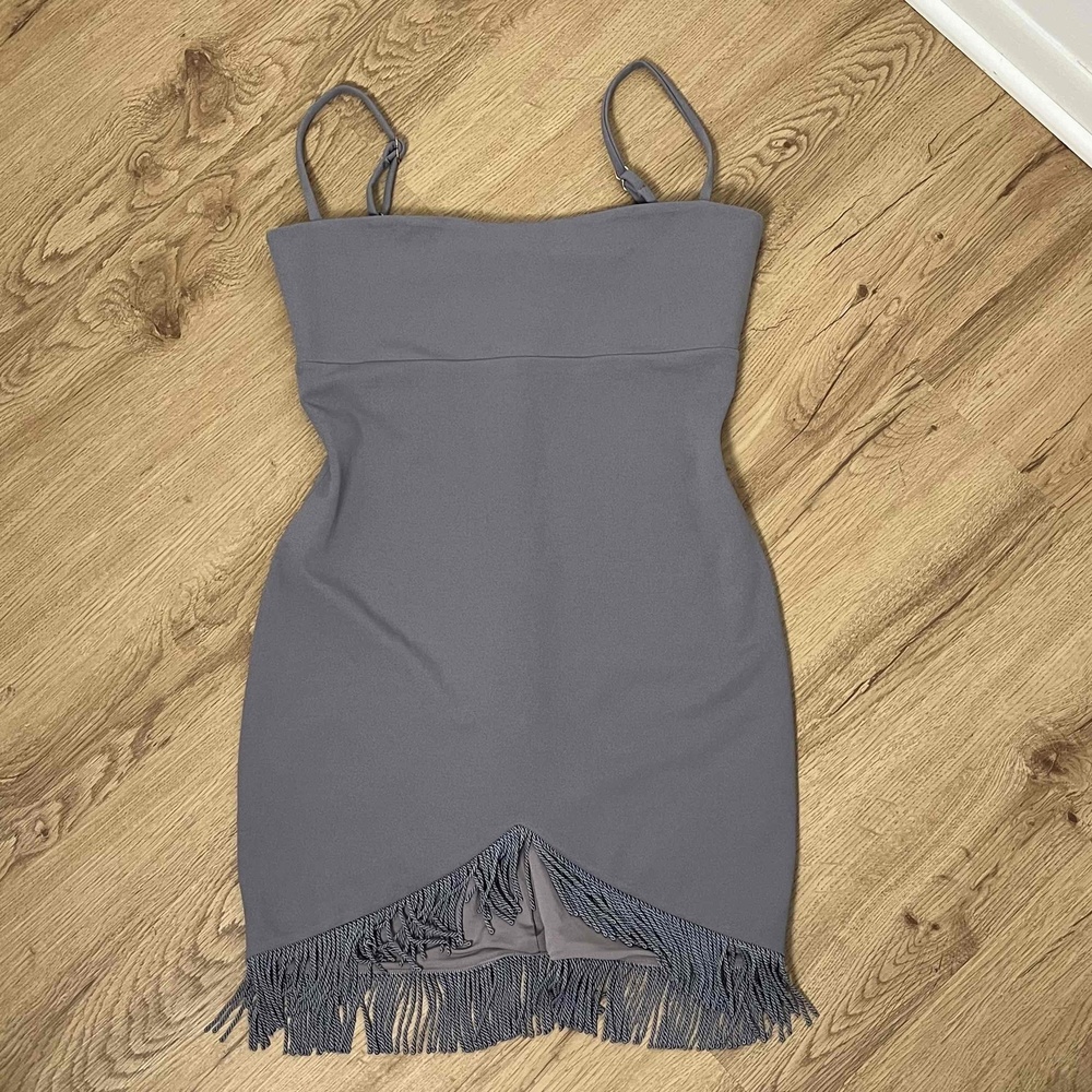 Revolve Nookie Grey‎ Mendez Spaghetti Straps Fringe Hem Bodycon Dress Size Large